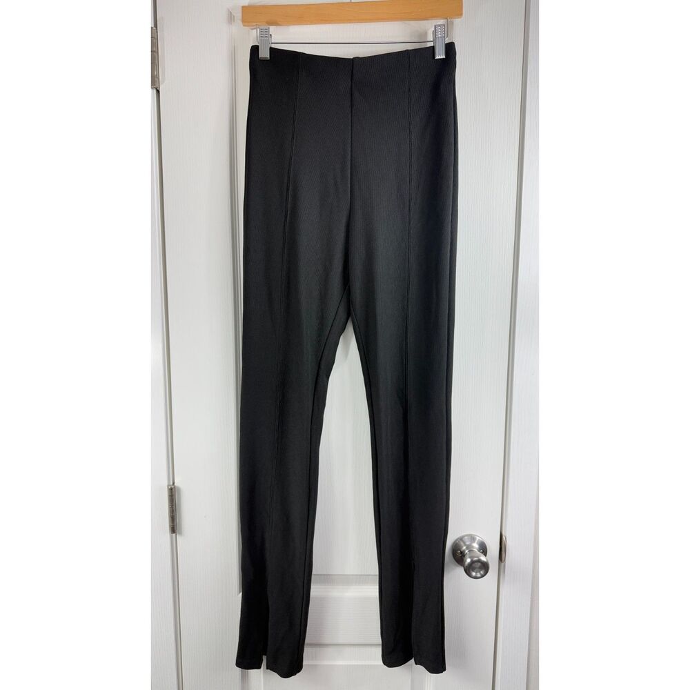 Stradivarius Black Ribbed Pull On Pants Front Split Polyester Elastane Women's M
